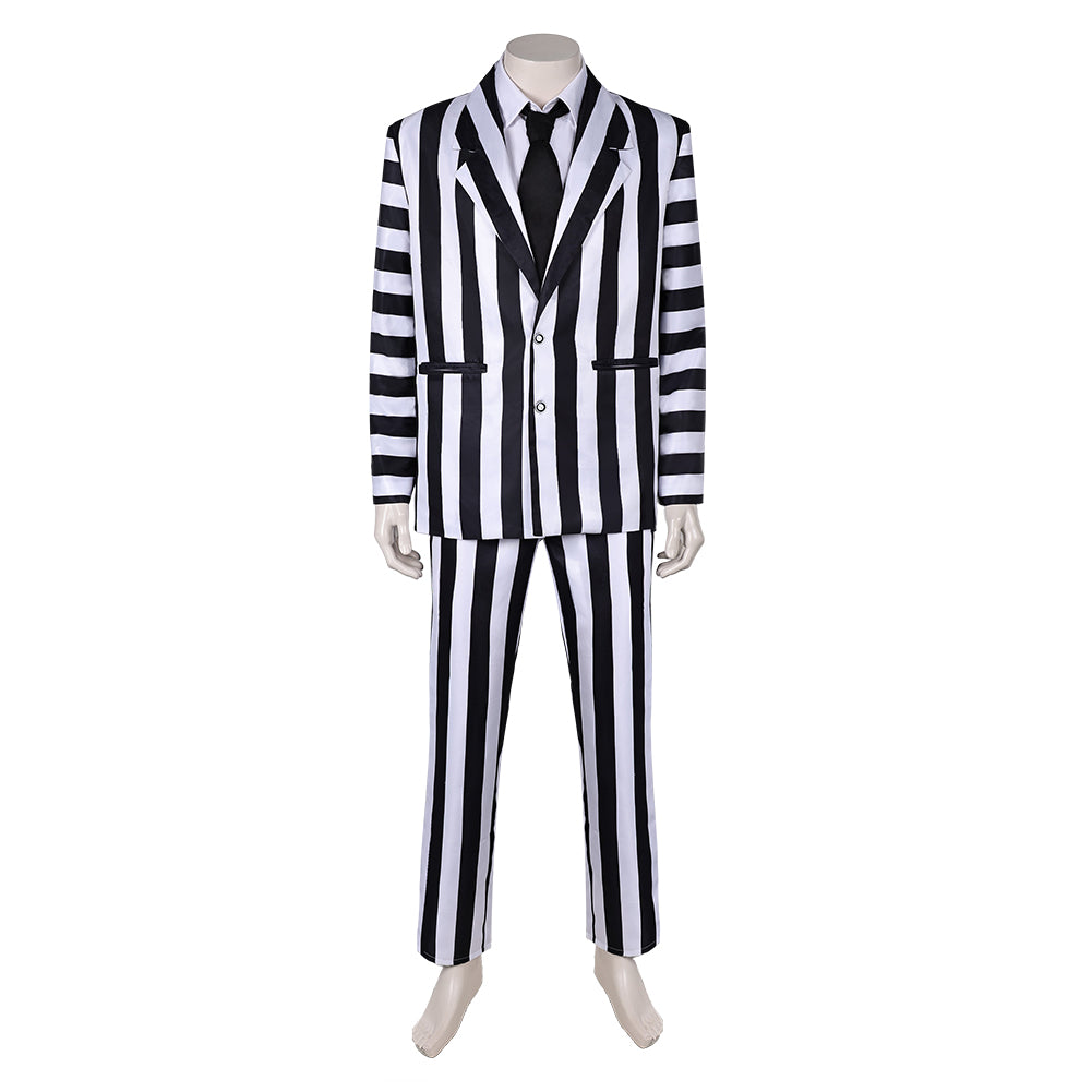 Free Shipping For_eetlejuice 2024 Movie Beetlejuice Black and White Striped Suit Party Carnival Halloween Cosplay Costume