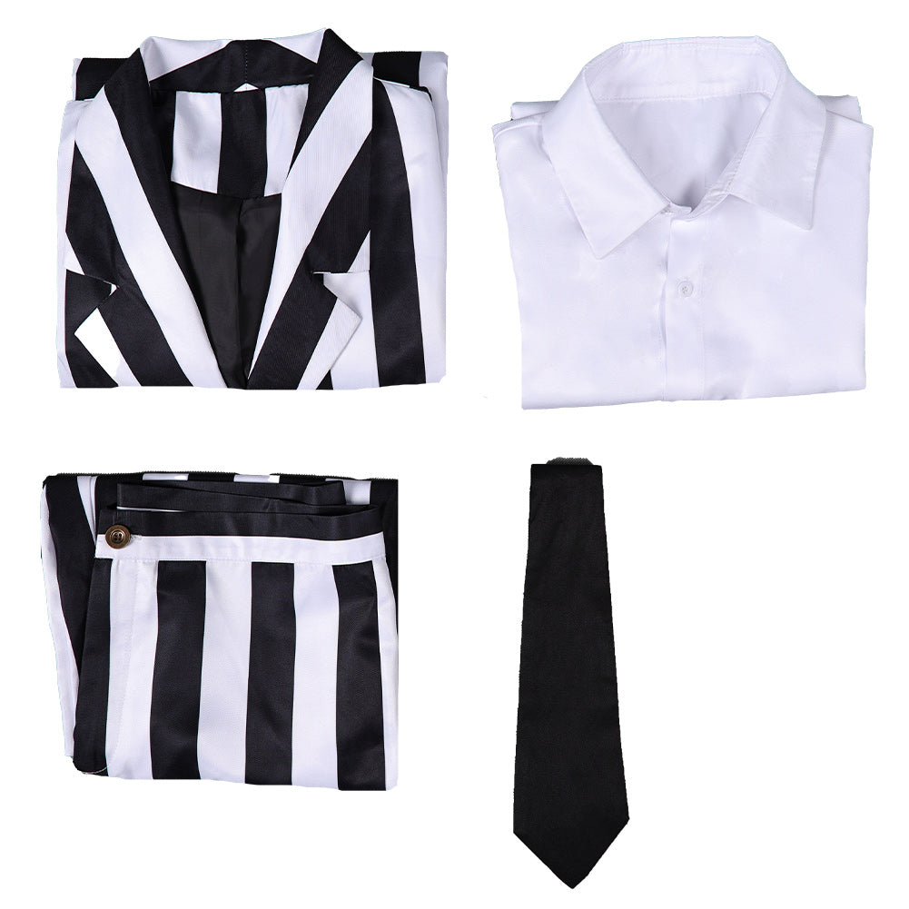 Free Shipping For_eetlejuice 2024 Movie Beetlejuice Black and White Striped Suit Party Carnival Halloween Cosplay Costume