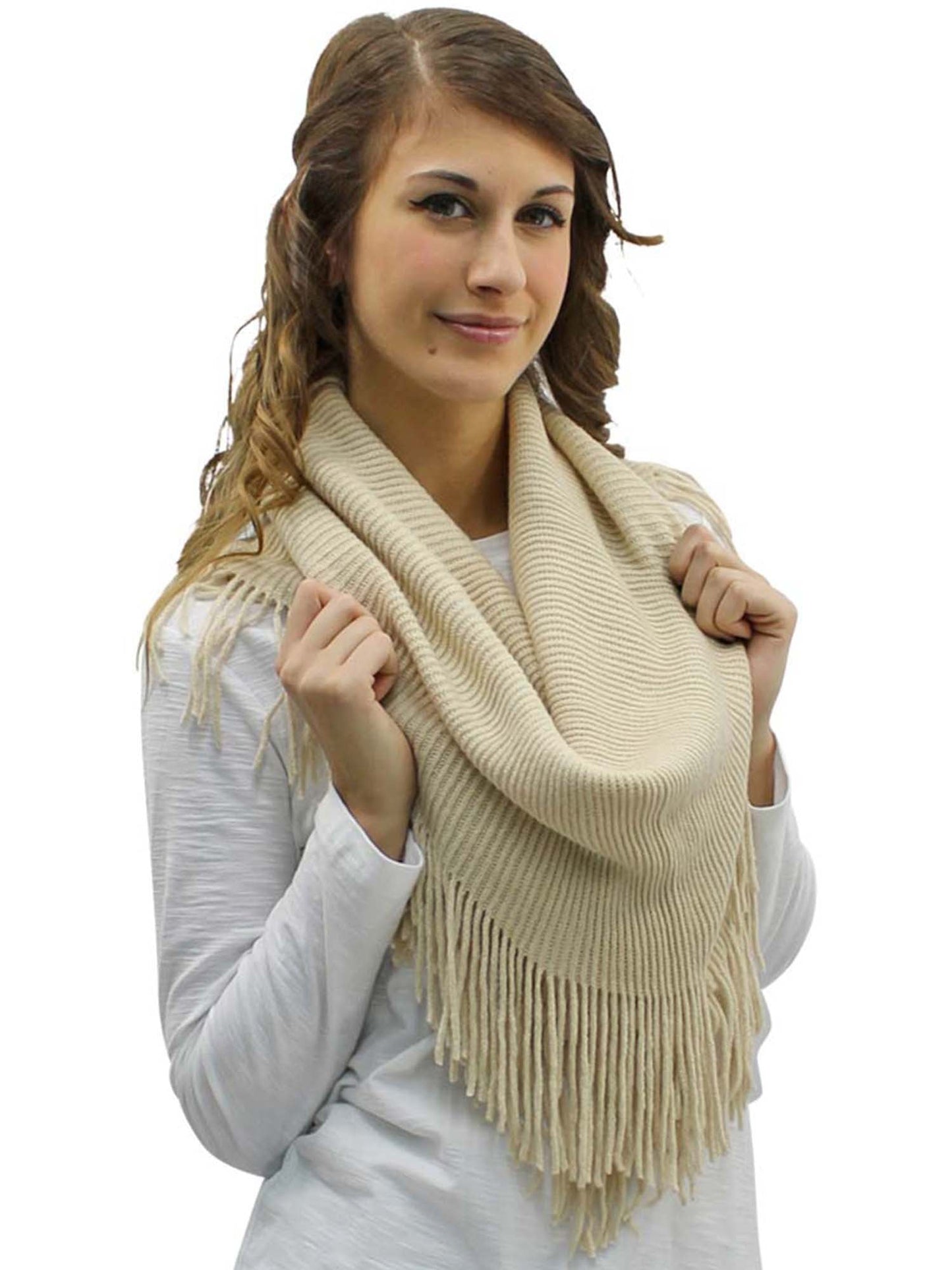 Ribbed Knit Infinity Scarf With Long Fringe