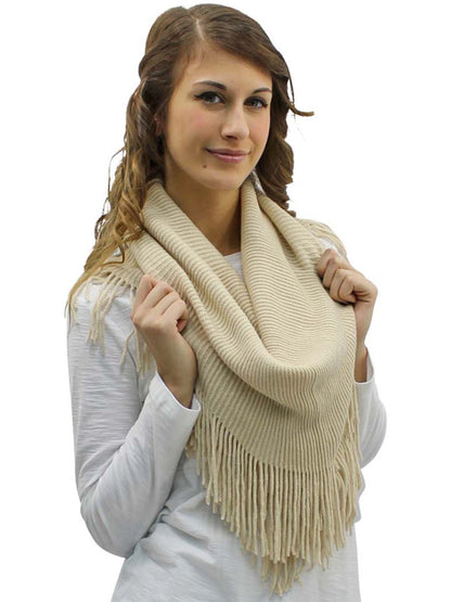 Ribbed Knit Infinity Scarf With Long Fringe