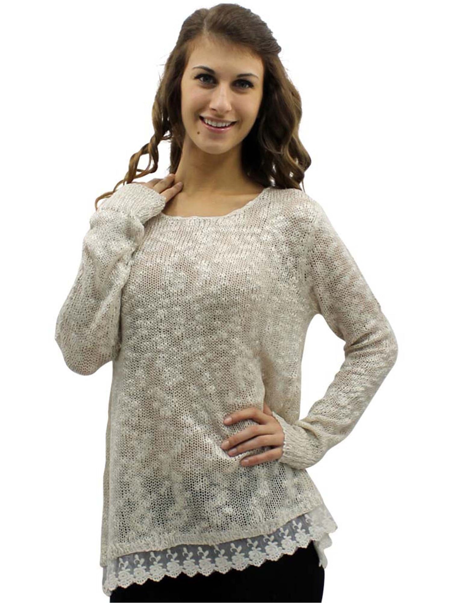 Beige & Ivory Lace Trim Knit Sweater