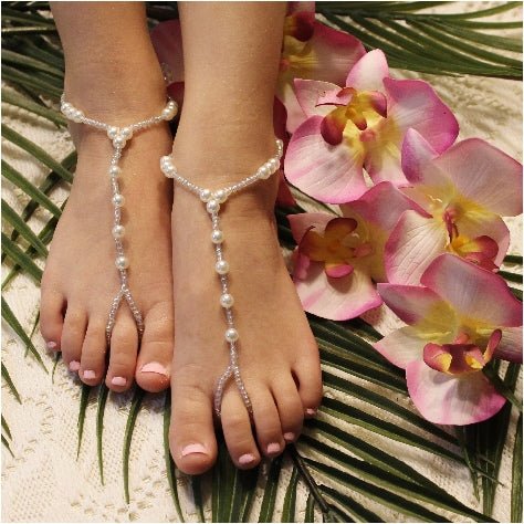 PEARL  beaded flower girl barefoot sandals  - size 10-13