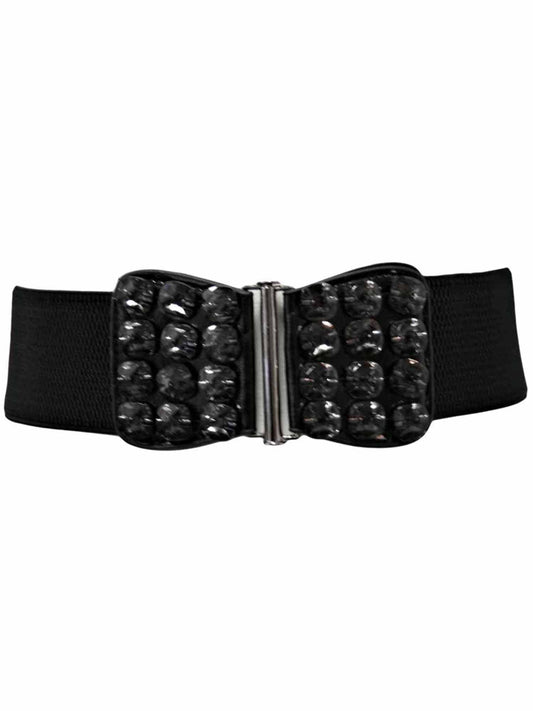 Black Elastic Waist Belt With Smoky Black Gems