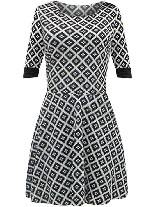 Black & White Diamond Print Skater Dress With Sleeves