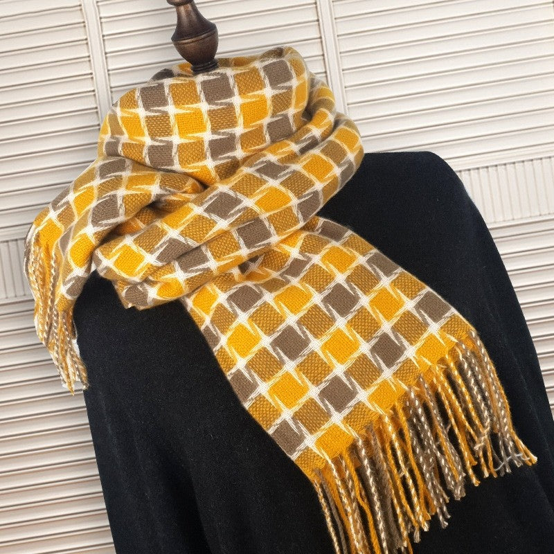 Contrast Color Plaid Imitated Cashmere Tassled  Shawl Scarf