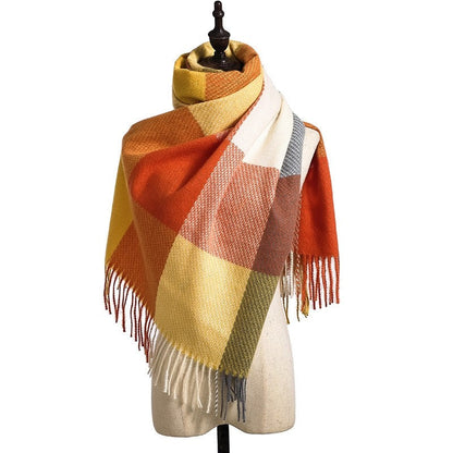 British Style Imitated Cashmere Plaid Tassled Shawl Scarf