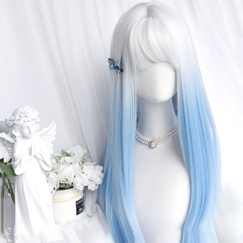 Free Shipping For Hivava Gradient Blue Long Straight Curly Wig With Bangs