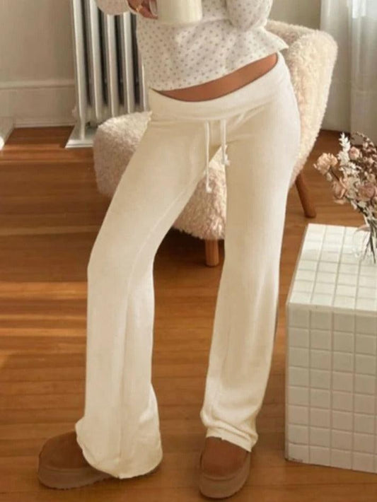 Solid Turned Waist Tie Up Flare Leg Pants