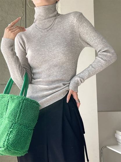 New Fashion Casual Long Sleeves Skinny Solid Color High-Neck Sweater Tops-Homeundewear