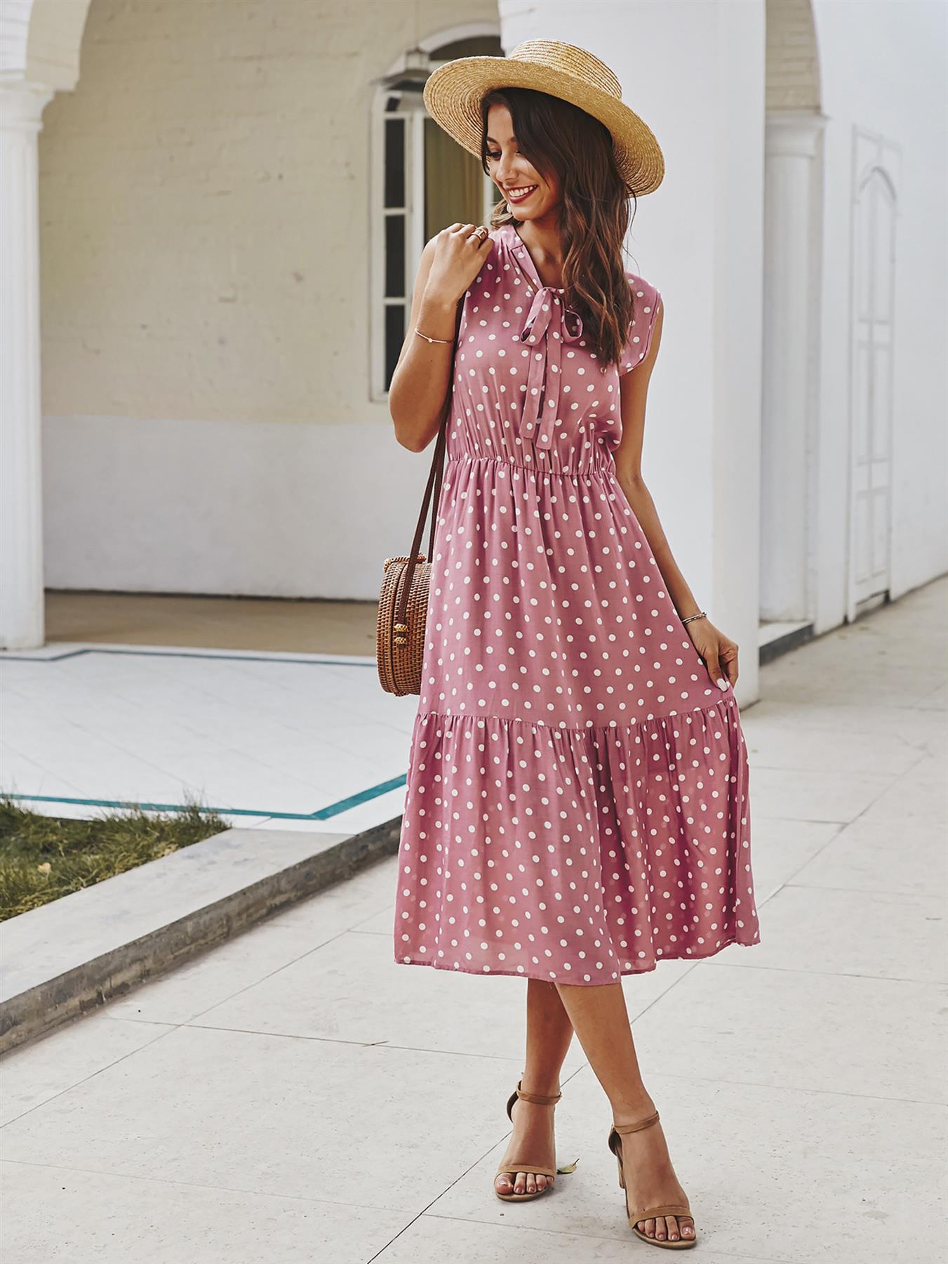 Tiered Midi Dress In Pink Polka Dot