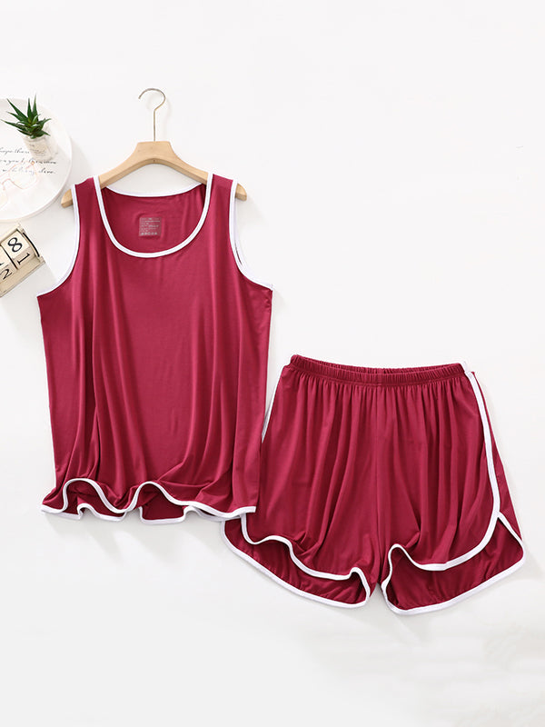 Solid Color Sleeveless Loose Vest Top + Elasticity Pleated Shorts Bottom Pajama Sets