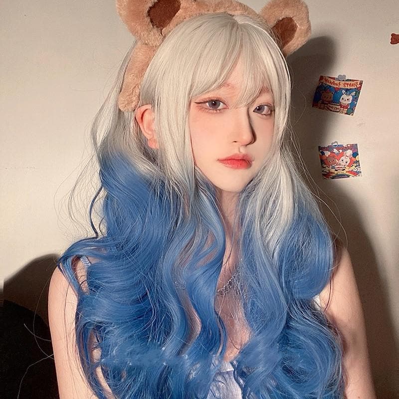 Free Shipping For Hivava White Blue Mixed Large Wavy Long Curly Wig