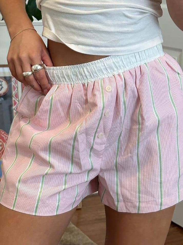 Contrast Button Patchwork Striped Shorts