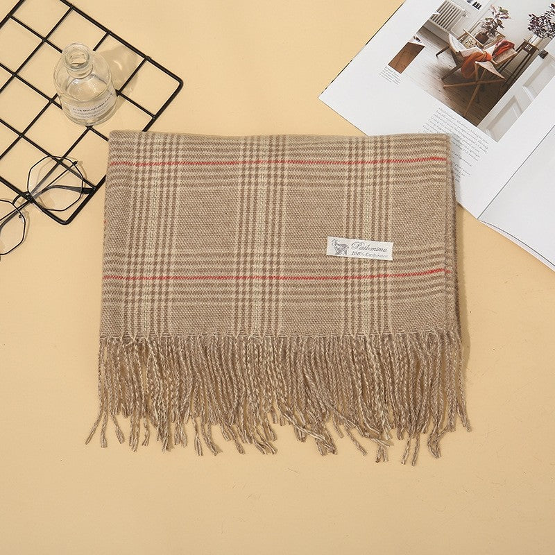 Imitation Cashmere Lattice Warm Tassled  Shawl Scarf