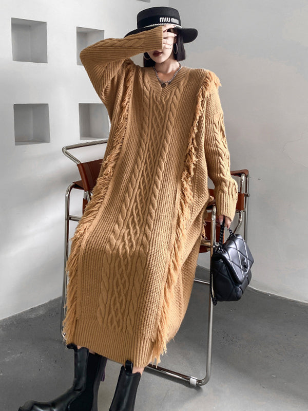 Stylish Selection Loose Long Sleeves Tasseled Jacquard V-Neck Midi Dresses Sweater Dresses