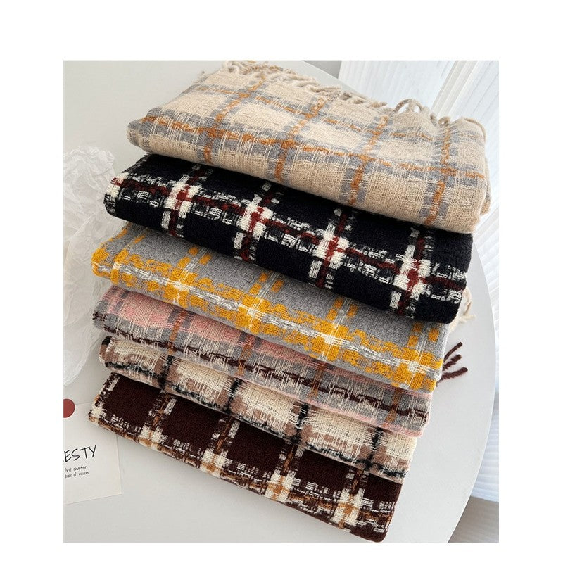 Imitated Cashmere Plaid Thickened Tassled Scarf