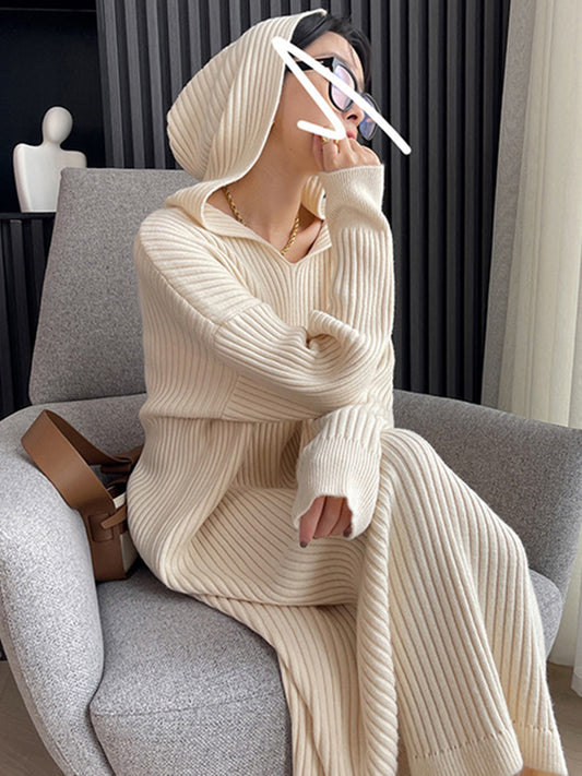 Stylish Long Sleeves Loose Solid Color Hooded Sweater Dresses