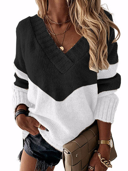 Casual Long Sleeves Loose Contrast Color V-Neck Sweater Tops-Homeunderwear