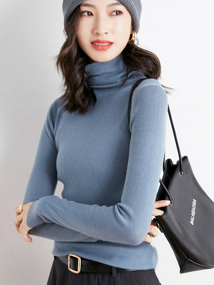 Simple Skinny Long Sleeves Solid Color High-Neck Sweater Tops Pullovers-Homeunderwear