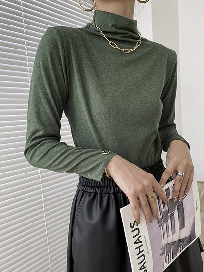 Casual Long Sleeves Solid Color Half Turtleneck T-Shirts Tops-Homeunderwear