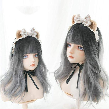 Free Shipping For Hivava Black Gray Gradient Cute Girl  Large Wavy Curl Wig