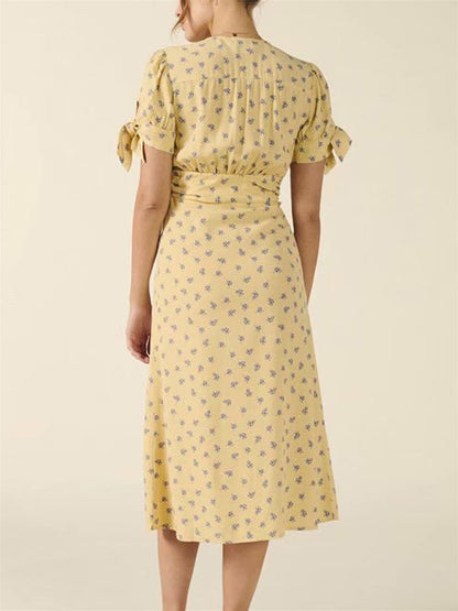 Charming Front Button Tea Dress In Yellow & lavender Print