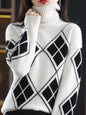 Casual Long Sleeves Loose Plaid High-Neck Sweater Tops-Homeunderwear