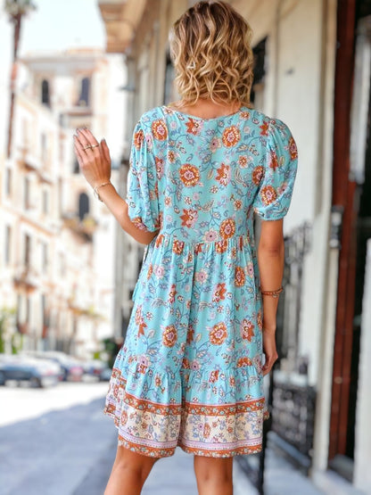 Floral Puff Sleeve Bohemian Dress