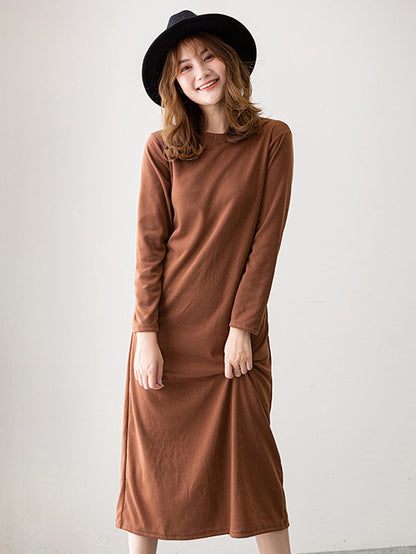 Simple Solid Color Round-Neck A-Line Midi Dress