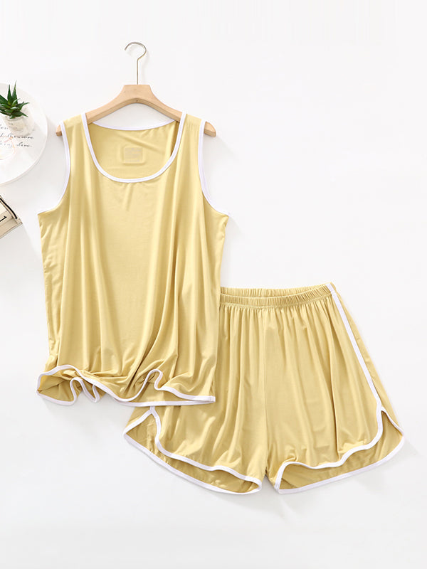 Solid Color Sleeveless Loose Vest Top + Elasticity Pleated Shorts Bottom Pajama Sets
