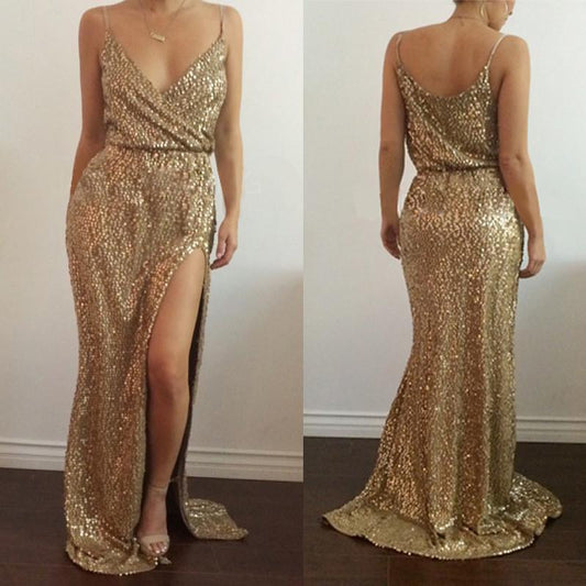 Spaghetti Strap Sequins Sleeveless Pure Color Long Party Dress