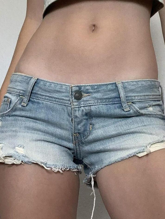 Low-Rise Frayed Denim Shorts