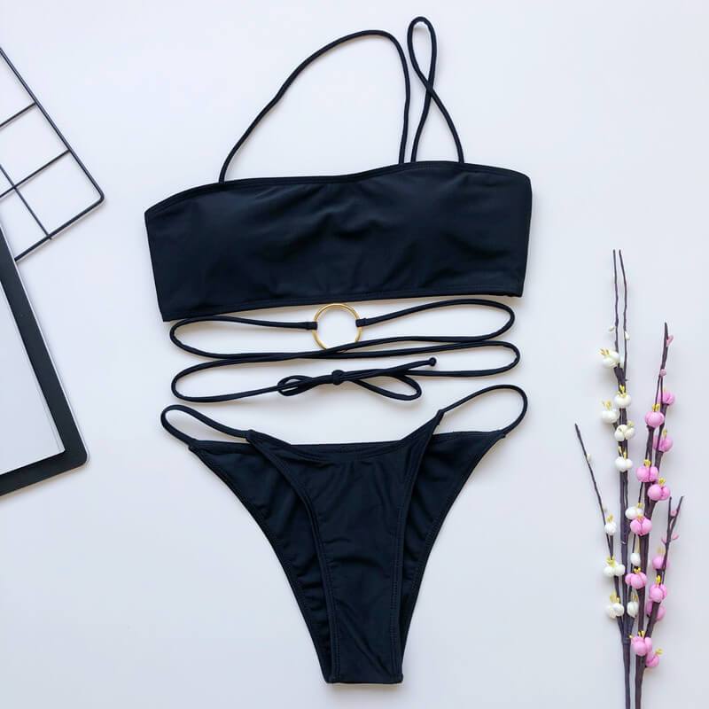 Black One Shoulder Plain Bandeau Thong Bottom Bikinis