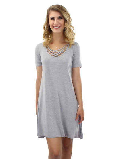 Short Sleeve Midi Dress With Criss-Cross Neckline