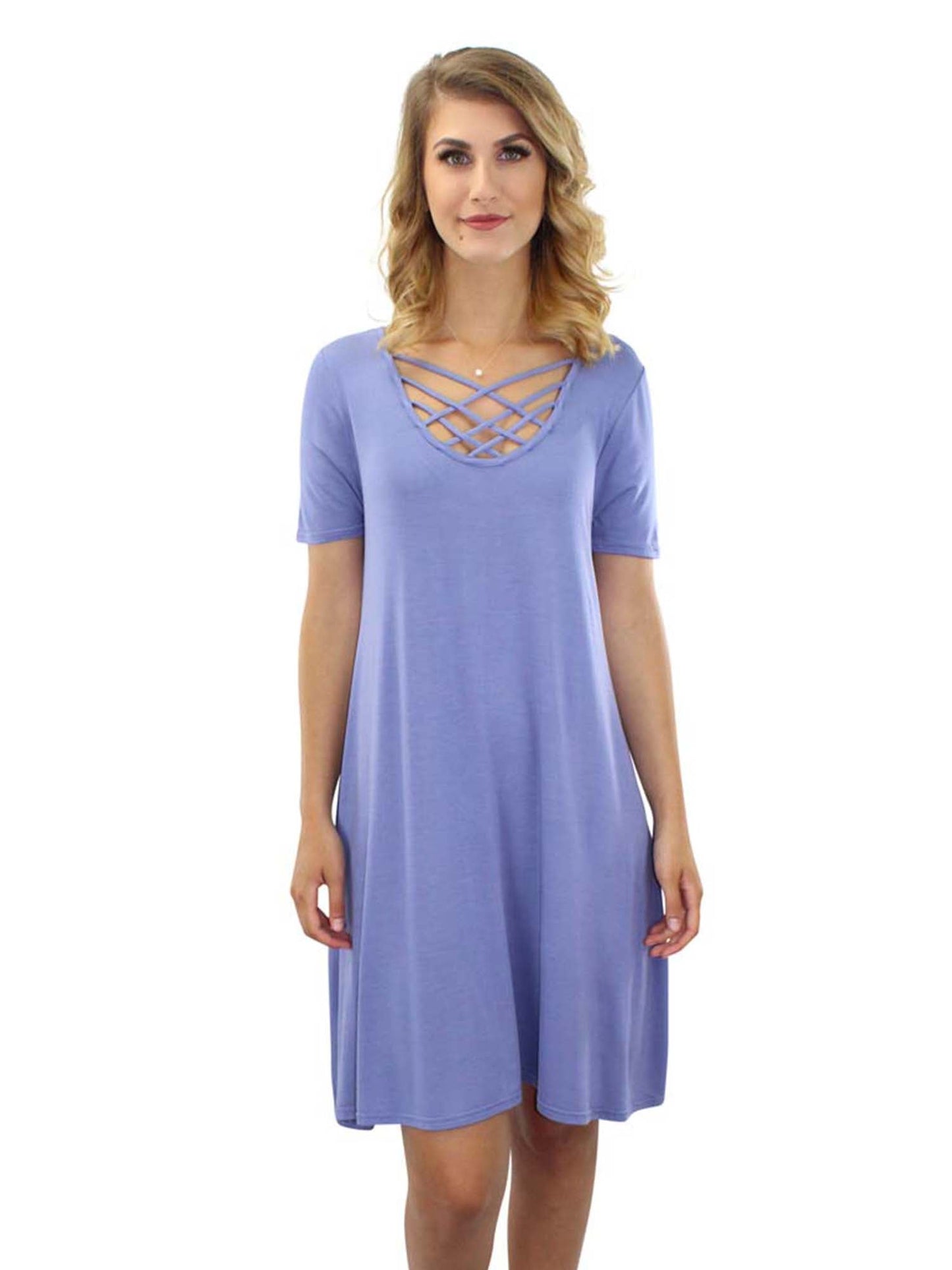 Short Sleeve Midi Dress With Criss-Cross Neckline