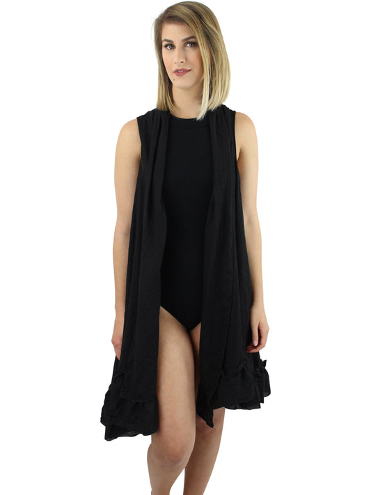 Black Sleeveless Ruffled Plus Size Beach Cover Up