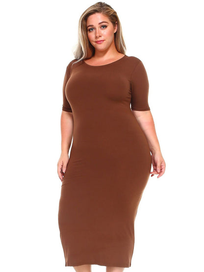 Plus Size Short Sleeve Crew Neck Midi Dress