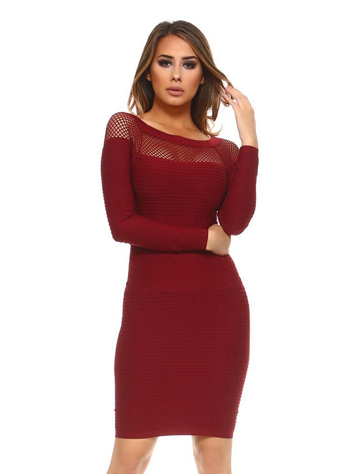 Long Sleeve Netted Neckline Bodycon Midi Dress