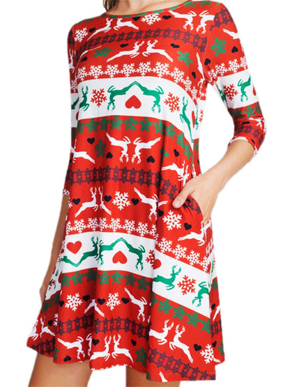 Womens Reindeer Holiday Print Lightweight Christmas Swing Dress