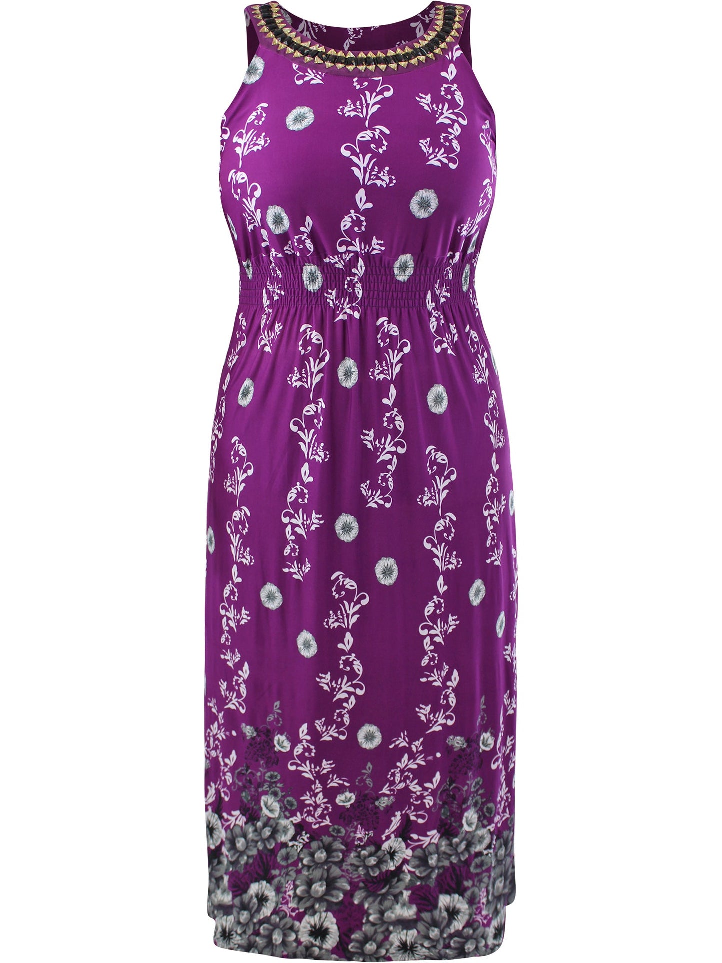 Floral Print Plus Size Sun Dress With Jeweled Neck