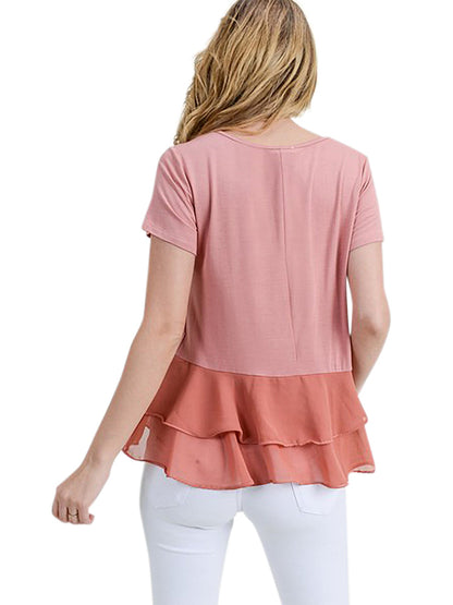 Short Sleeve Chiffon Womens Top With Ruffle