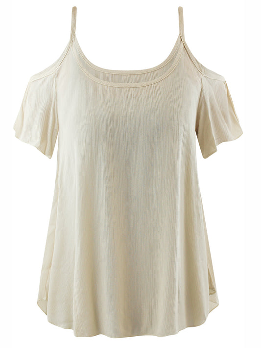 Womens Beige Cold Shoulder Loose Fit Summer Top