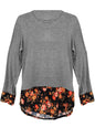 Gray Floral Trimmed Plus Size Long Sleeve Top Size X-Large