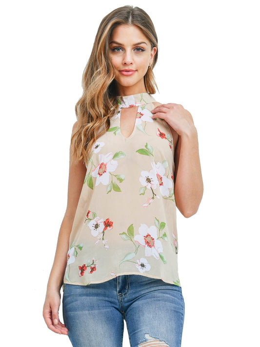 Beige Sleeveless Floral Print Keyhole Halter Top