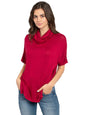 Womens Burgundy Jersey Knit Cowl Neck Blouse With Bell Sleeves