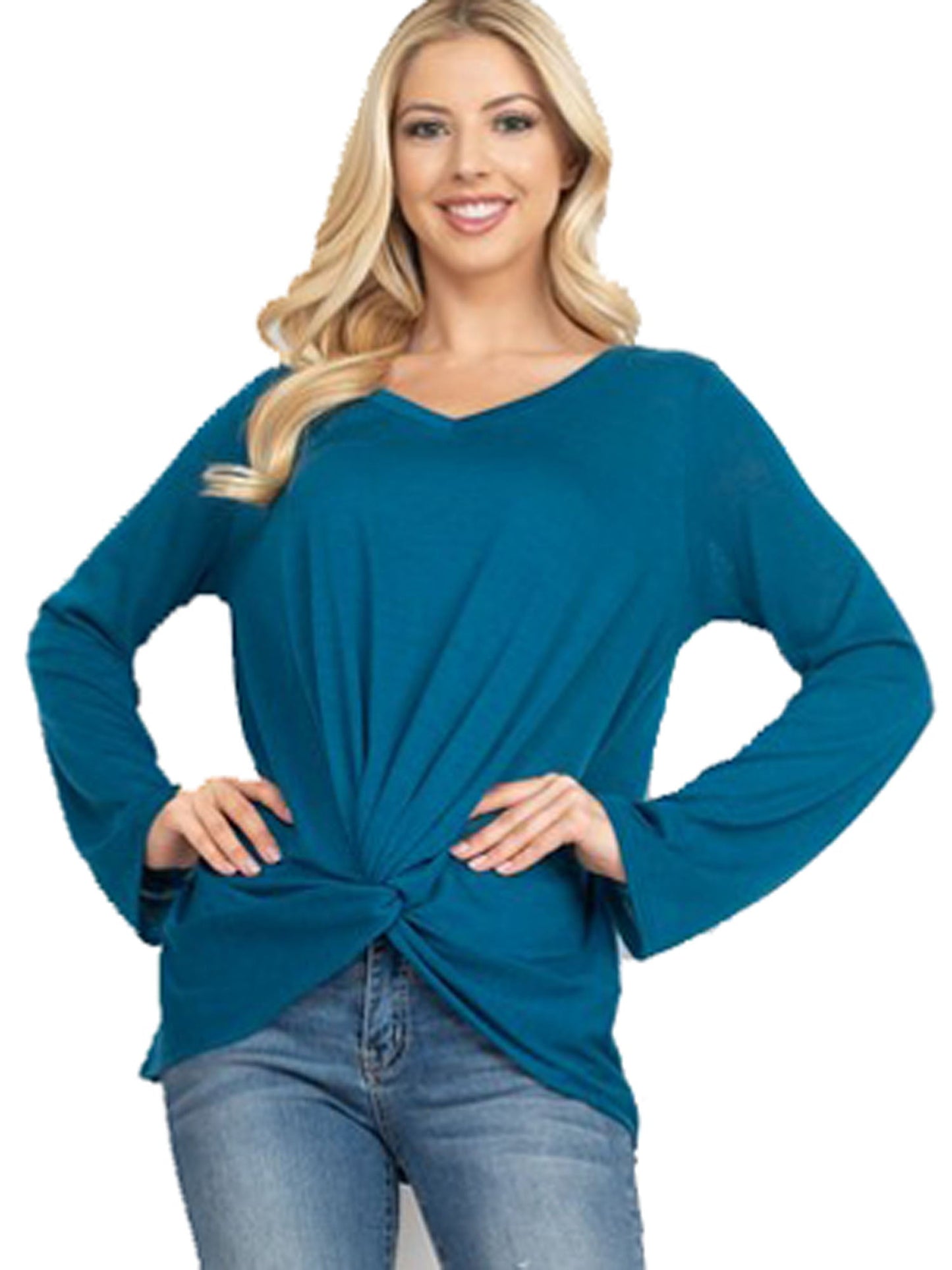 Bell Sleeve Womens V-Neck Twist Front Top