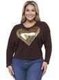 Womens Plus Size Long Sleeve Top With Gold Heart