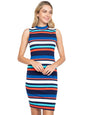 Womens Striped Sleeveless Closed Neck Pencil Dress