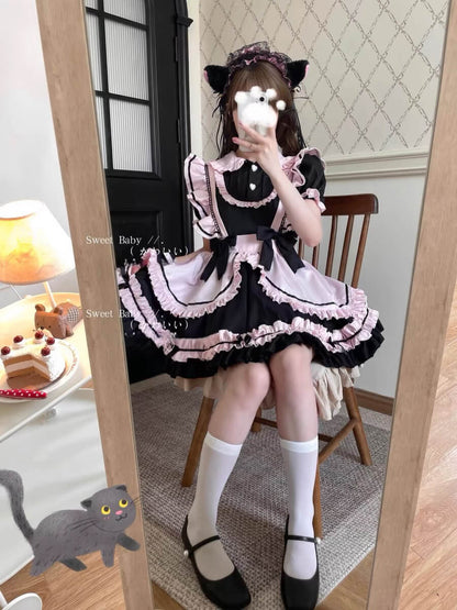 New Fashion Black Pink Neko maid dress