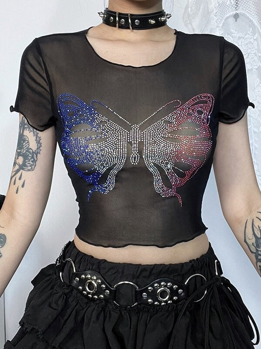 Glitter butterfly see-through top